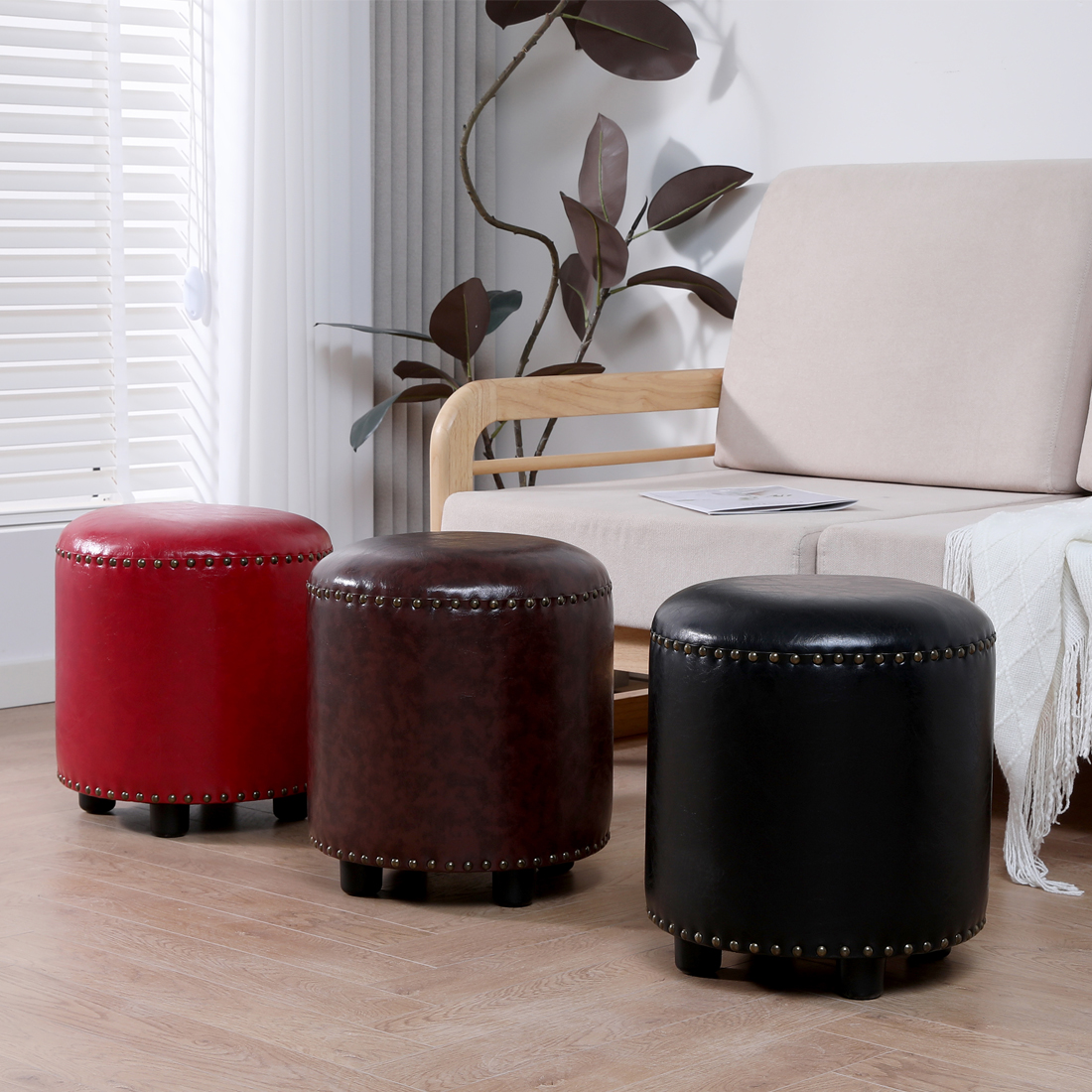 Faux Leather Rivet Footstool — Brown - Image 11