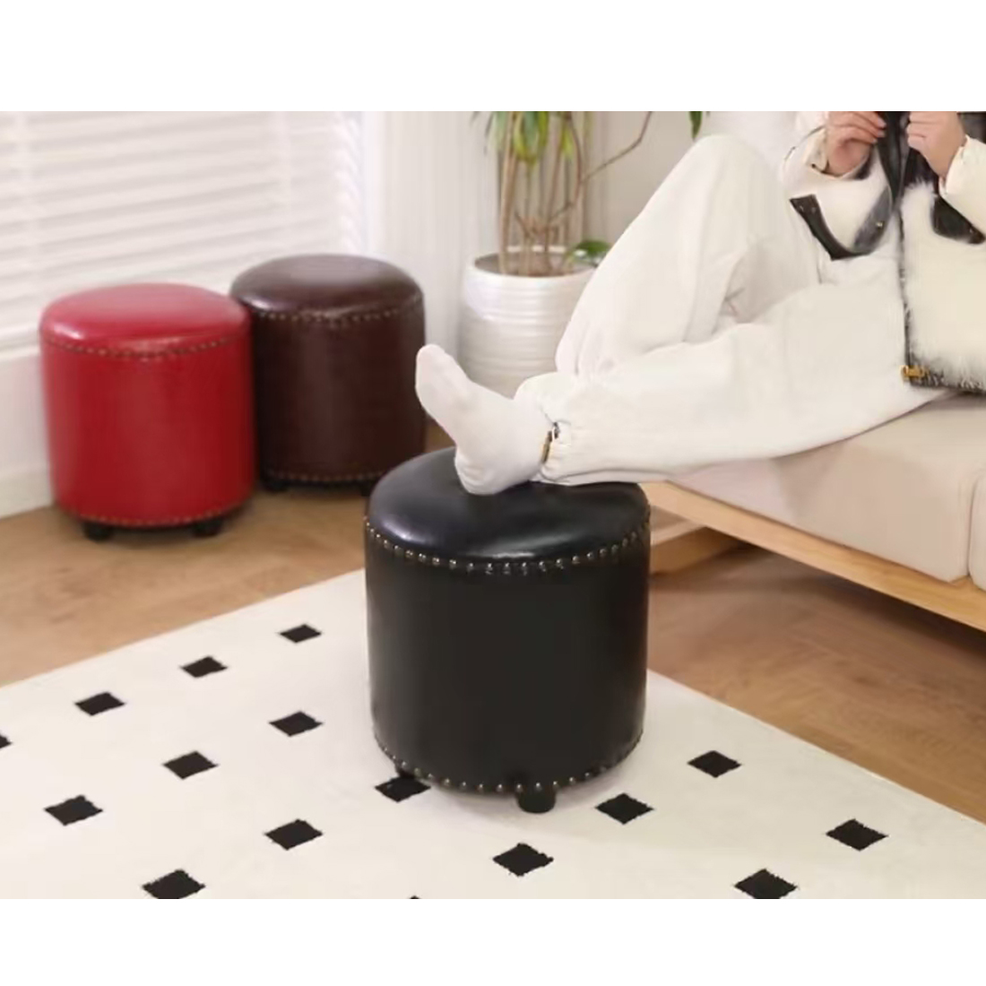 Faux Leather Rivet Footstool — Brown - Image 13