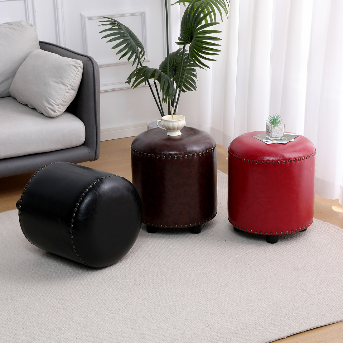 Faux Leather Rivet Footstool — Brown - Image 14