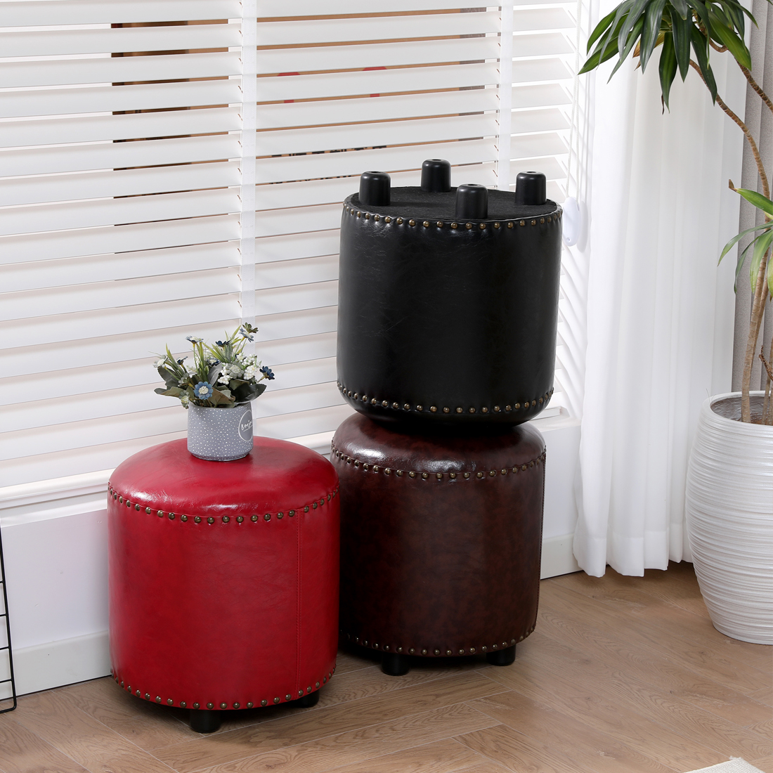 Faux Leather Rivet Footstool — Brown - Image 15