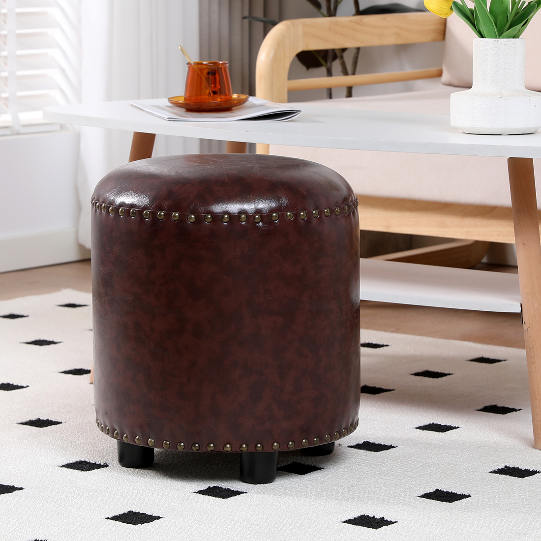 Faux Leather Rivet Footstool — Brown - Image 3