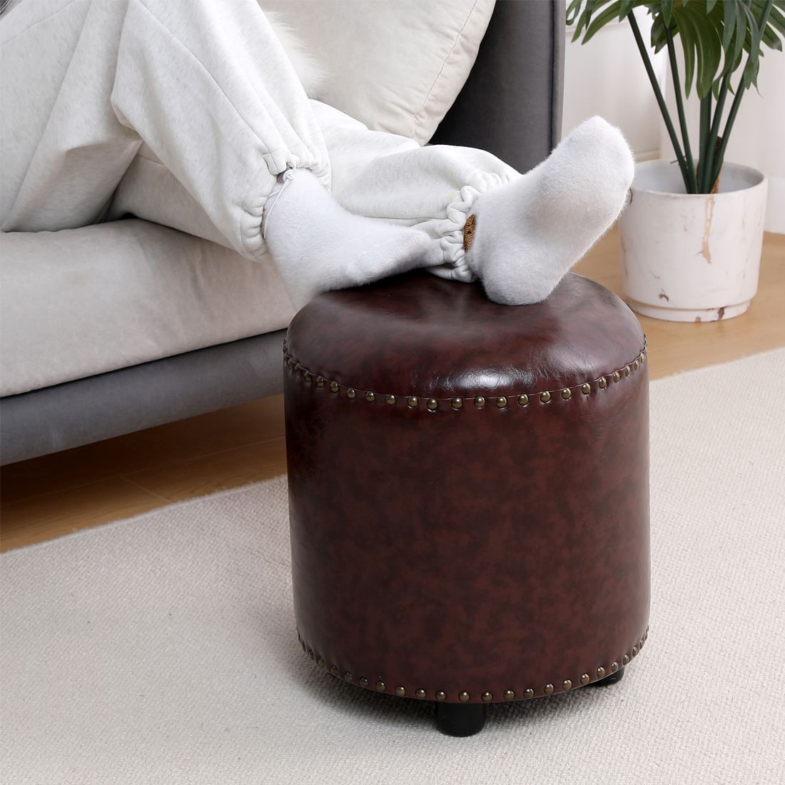 Faux Leather Rivet Footstool — Brown - Image 5