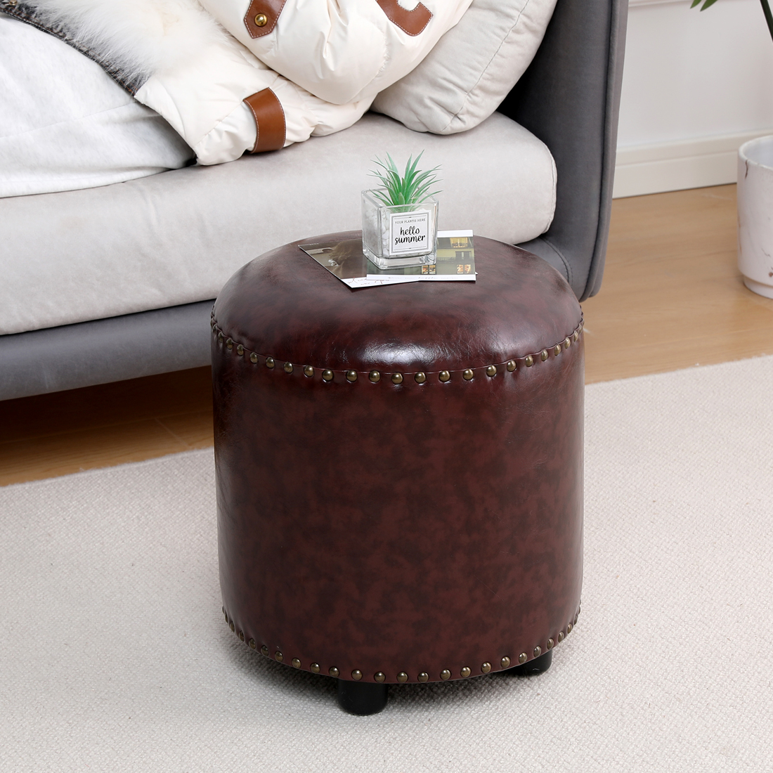 Faux Leather Rivet Footstool — Brown - Image 6