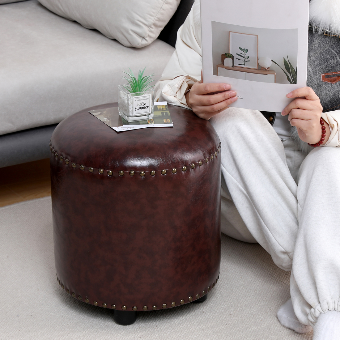 Faux Leather Rivet Footstool — Brown - Image 7