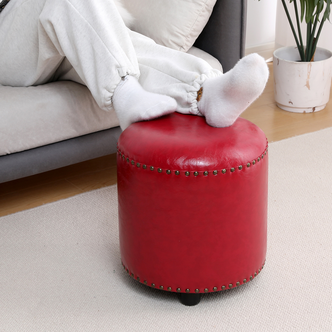 Faux Leather Rivet Footstool — Red - Image 2