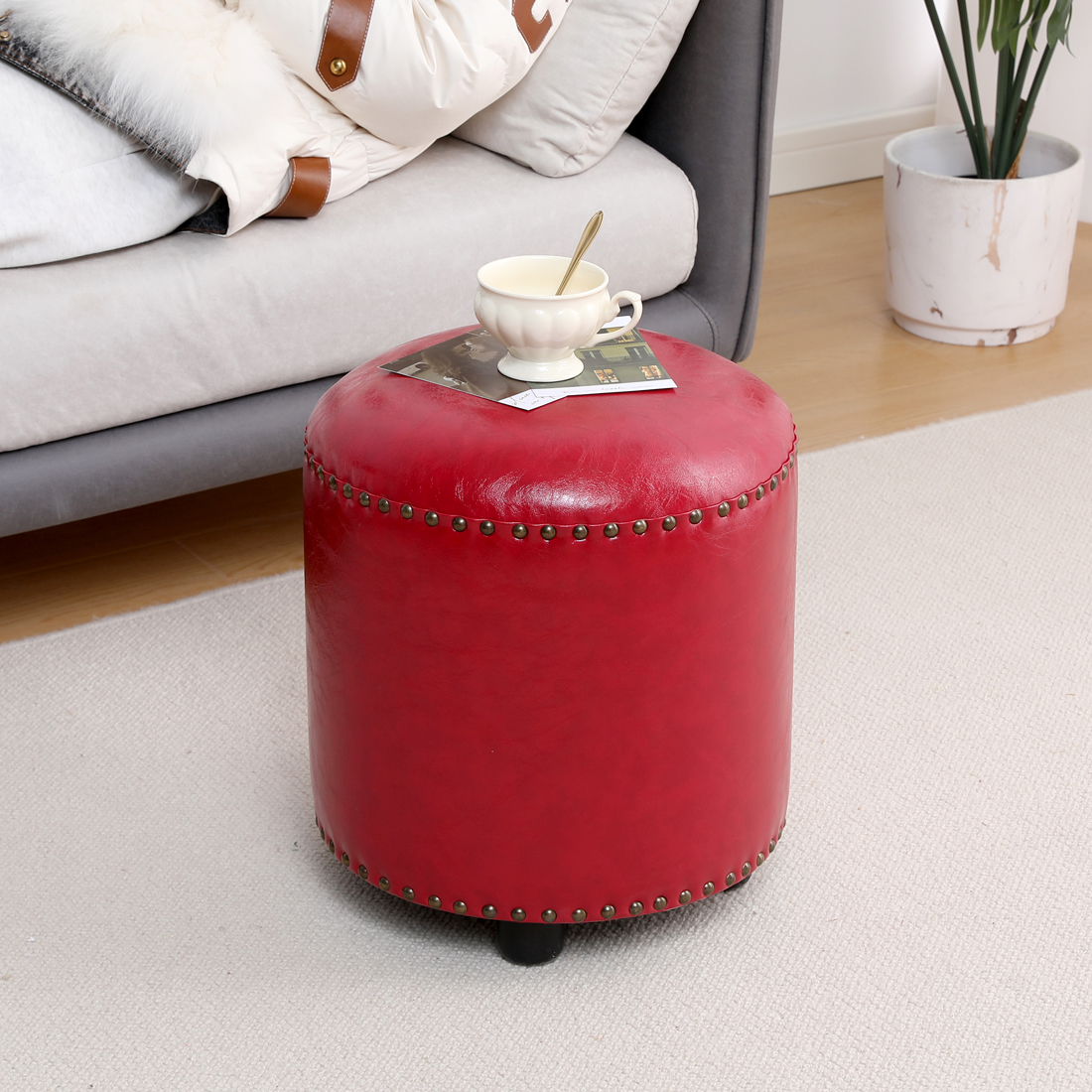 Faux Leather Rivet Footstool — Red - Image 3