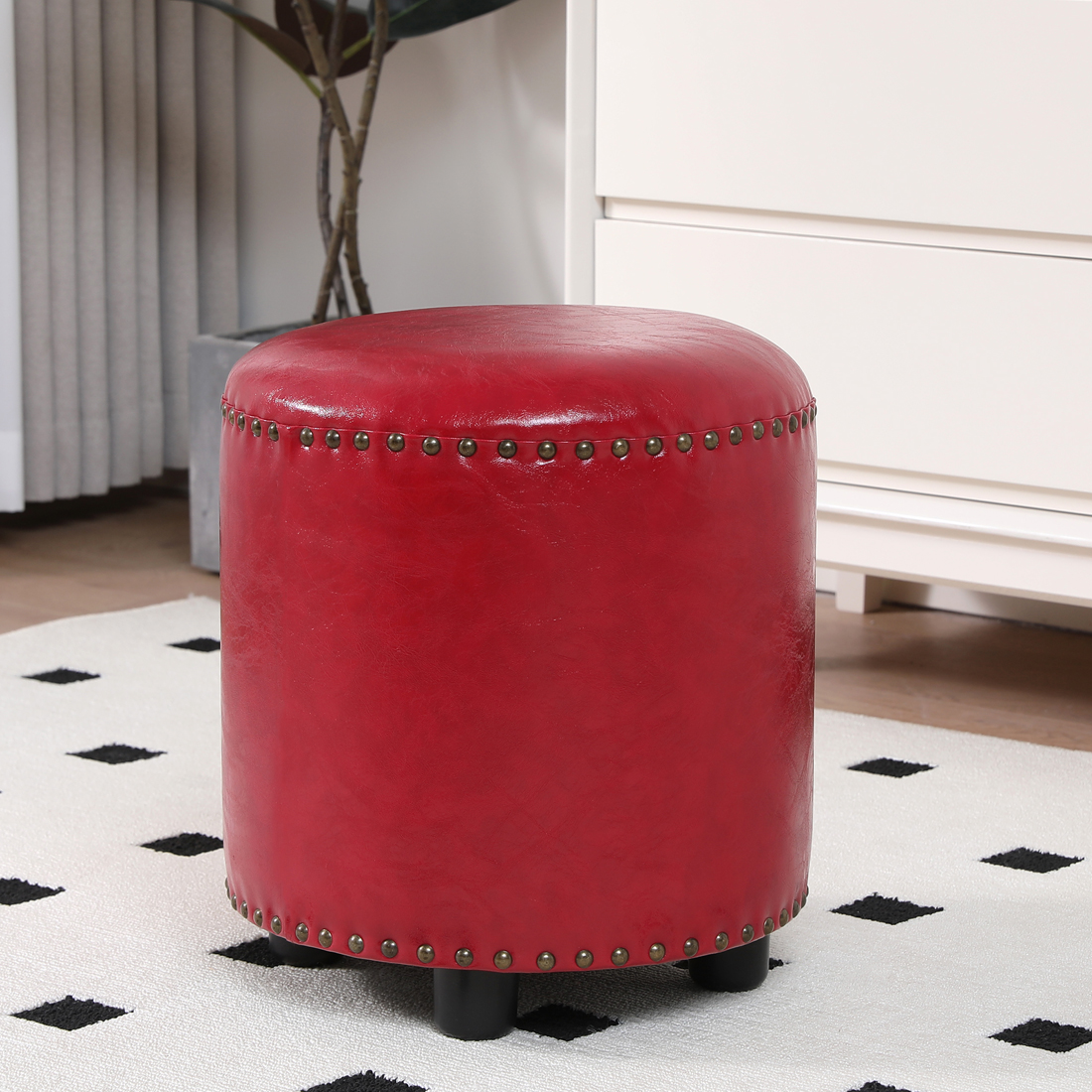Faux Leather Rivet Footstool — Red - Image 5
