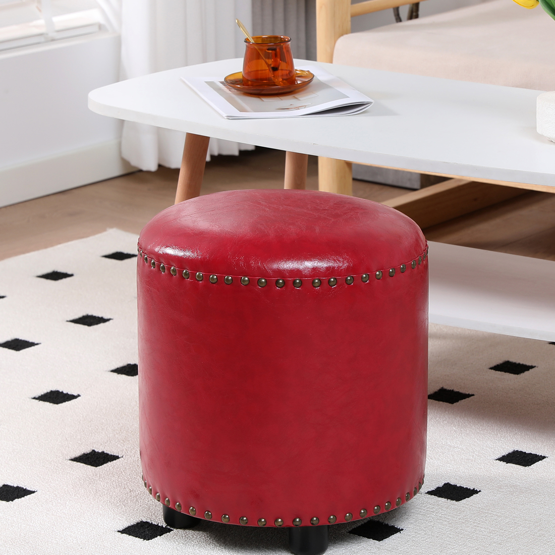 Faux Leather Rivet Footstool — Red - Image 6