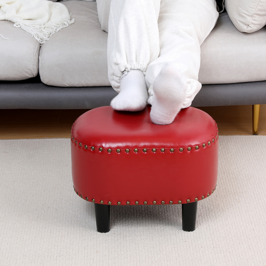 Oval Faux Leather Footstool — Wine Red - Image 3