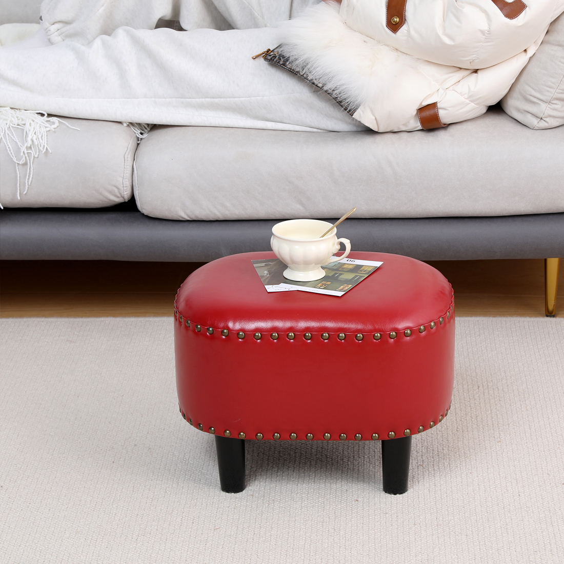 Oval Faux Leather Footstool — Wine Red - Image 5