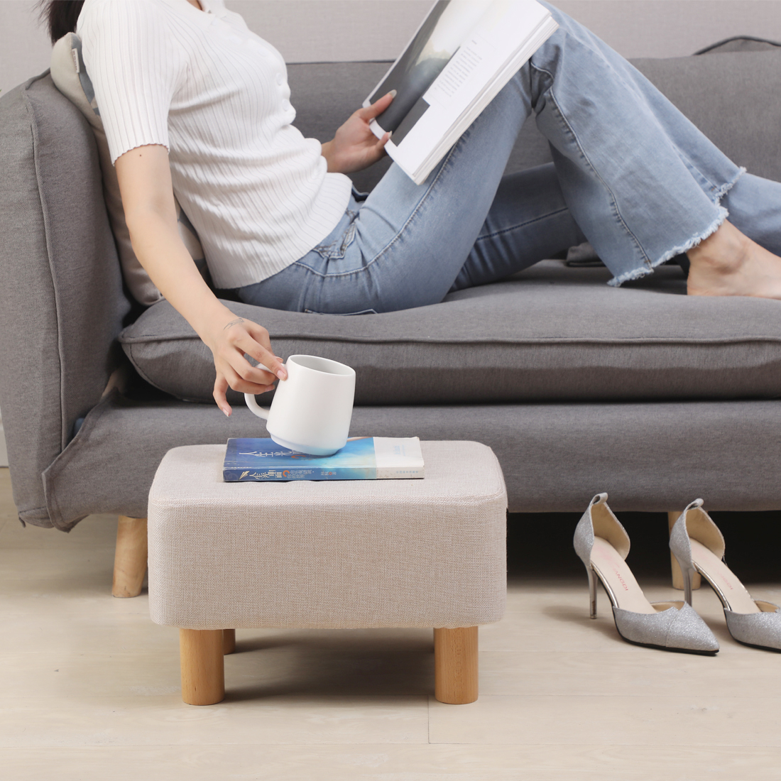Rectangle Linen Footstool — Beige - Image 3
