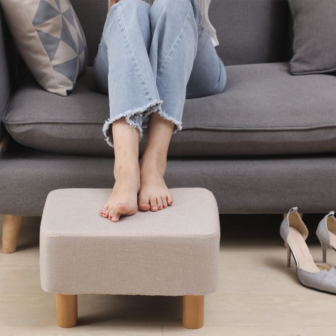 Rectangle Linen Footstool — Beige - Image 4