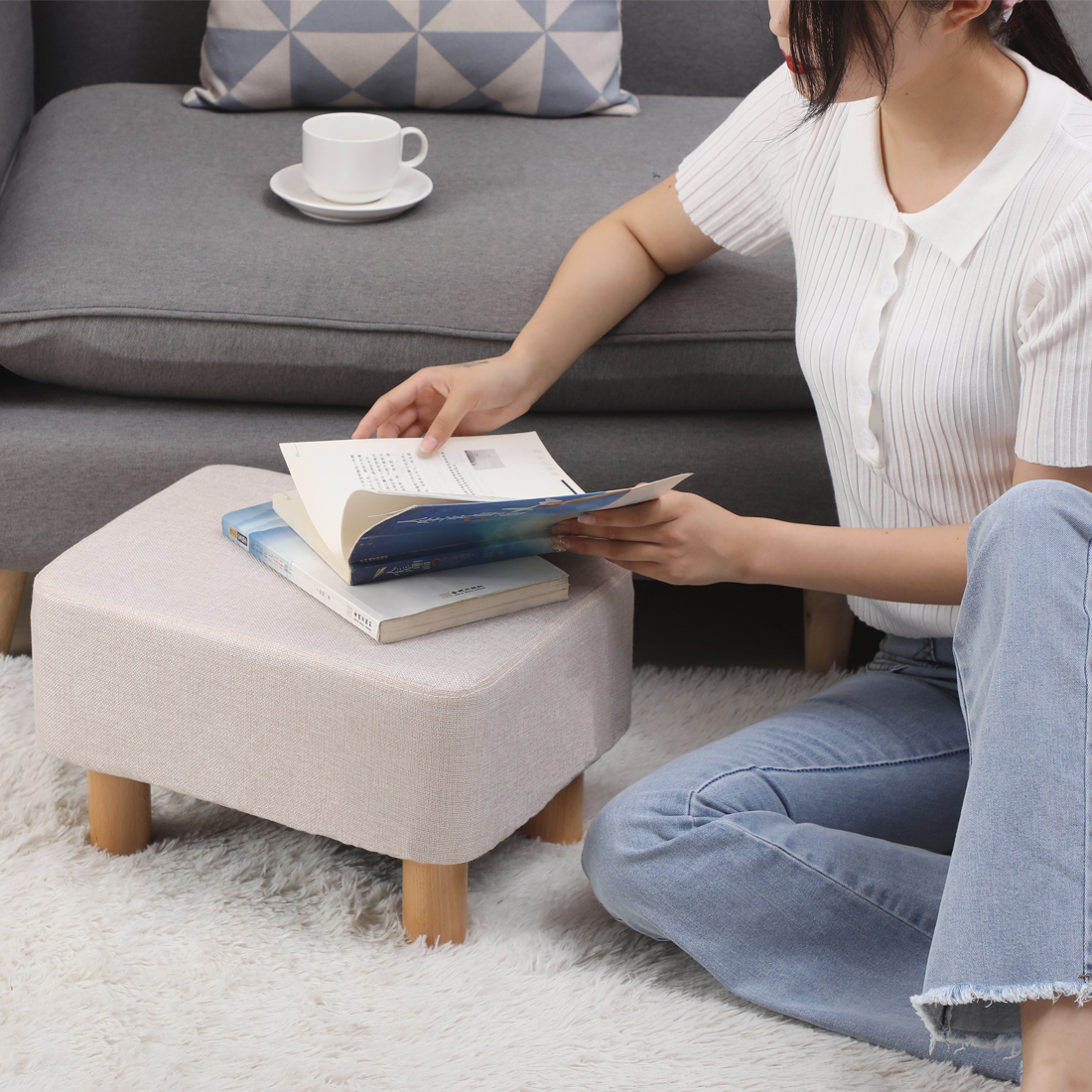 Rectangle Linen Footstool — Beige - Image 5