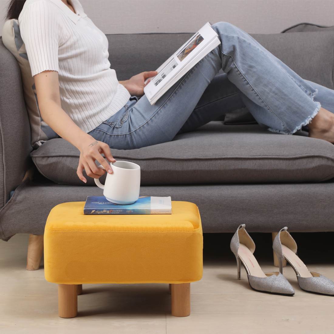 Rectangle Velvet Footstool — Yellow - Image 3