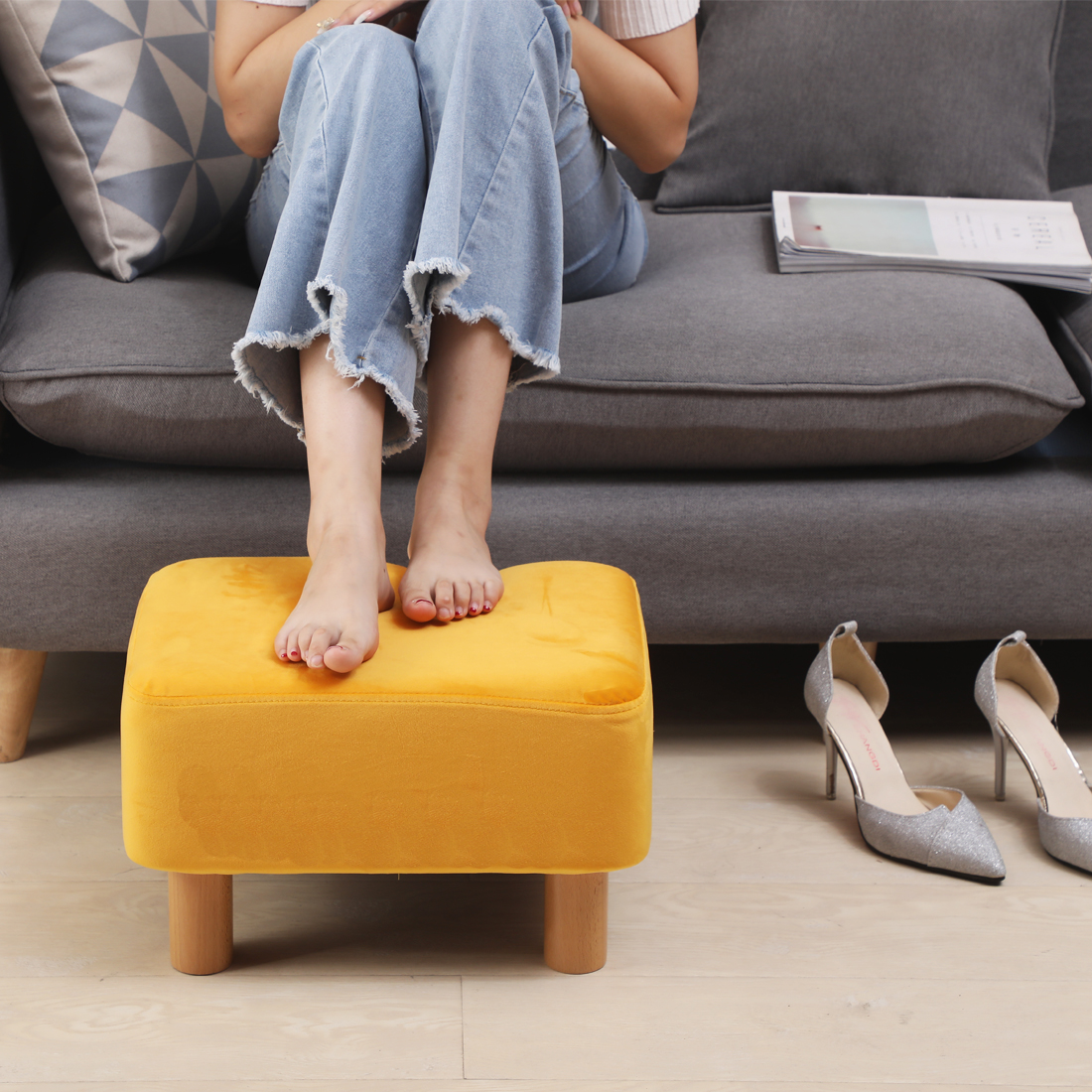 Rectangle Velvet Footstool — Yellow - Image 4