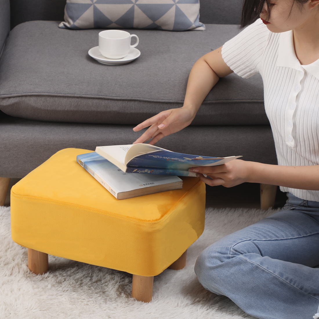 Rectangle Velvet Footstool — Yellow - Image 5