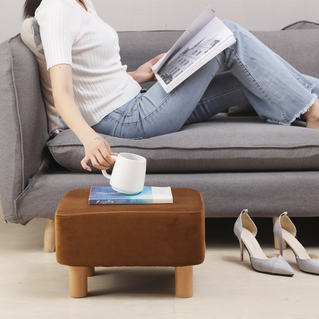 Rectangle Velvet Footstool — Brown - Image 3