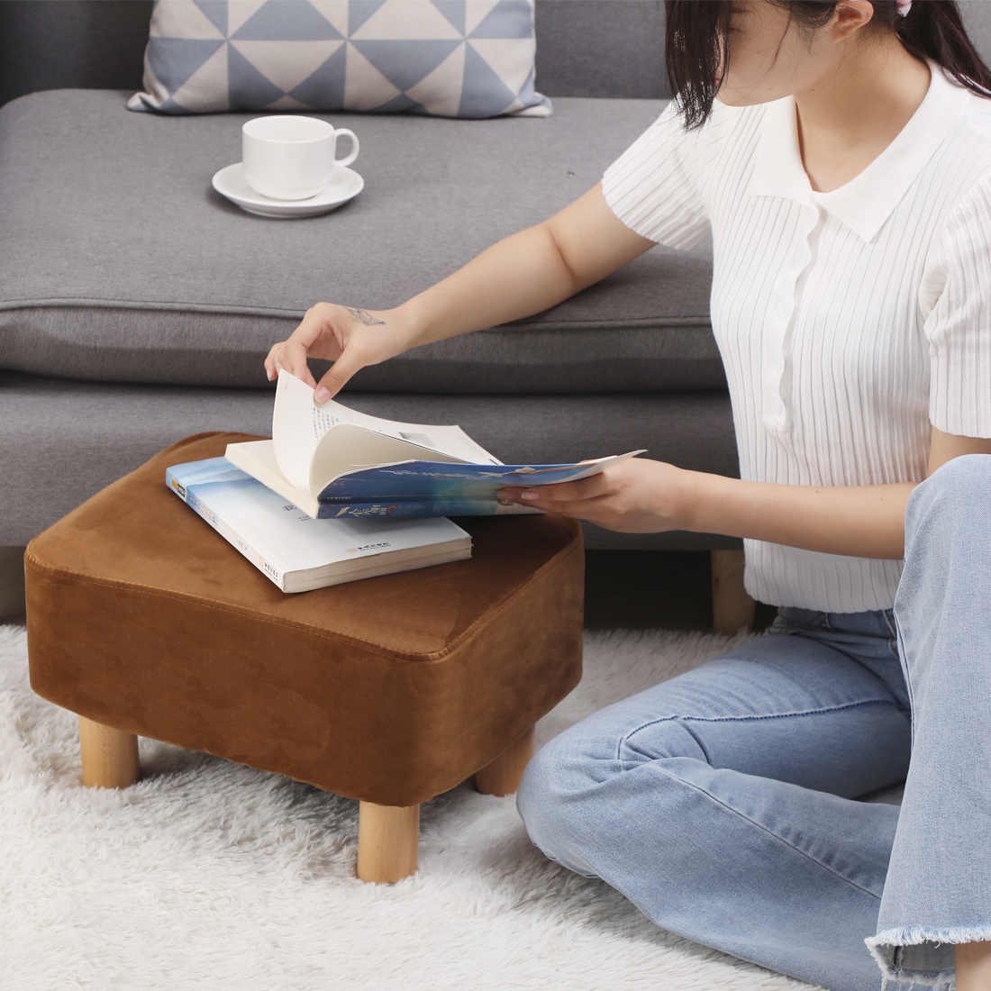 Rectangle Velvet Footstool — Brown - Image 5